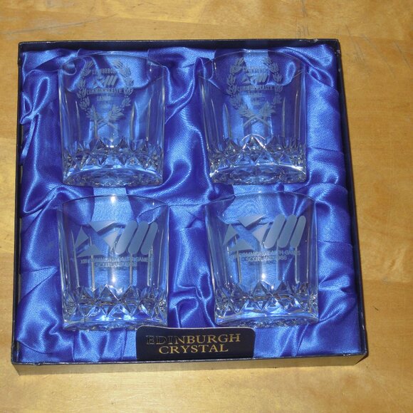 Vtg Boxed 4 Edinburgh Crystal Tumbler Whiskey Glasses 1986 Commonwealth Scotland - Picture 1 of 10